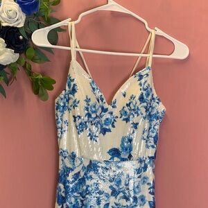 Elegant Strapless Blue Floral Dress